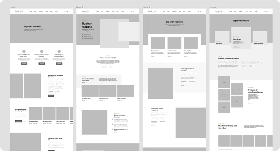 wireframe exploration for the Lamb & co site