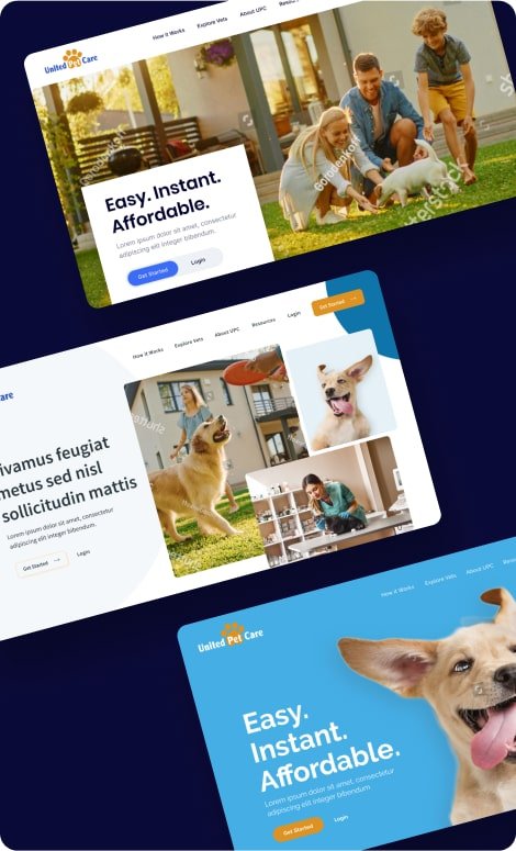 2 screens of hero sections that were explored for the visual design of the united pet care site