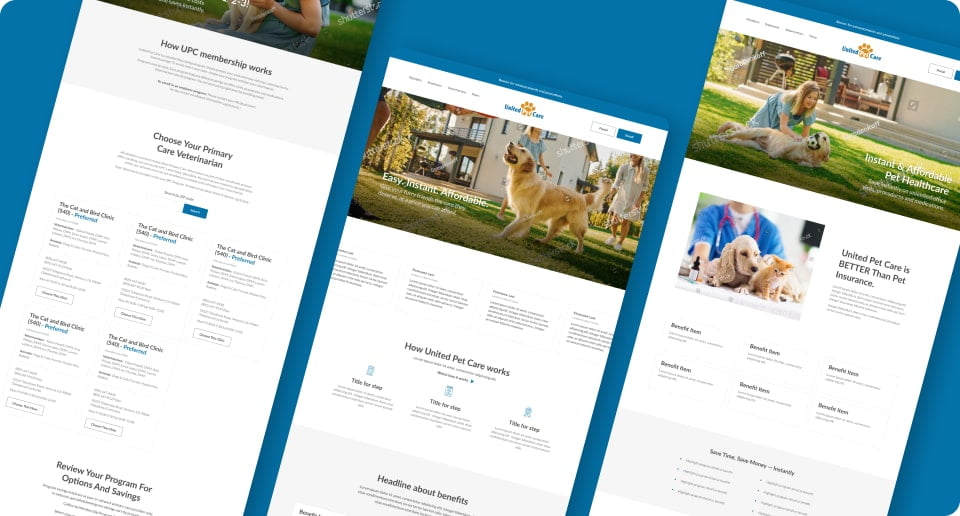 3 screens of the quick first redesign of the united pet care site