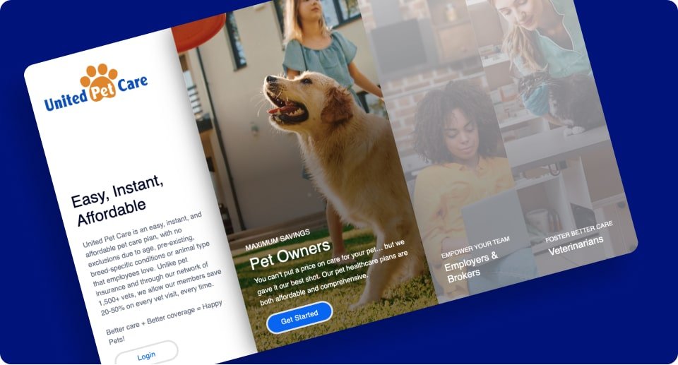 the landing page of the united pet care site where a user selects which audience they are in