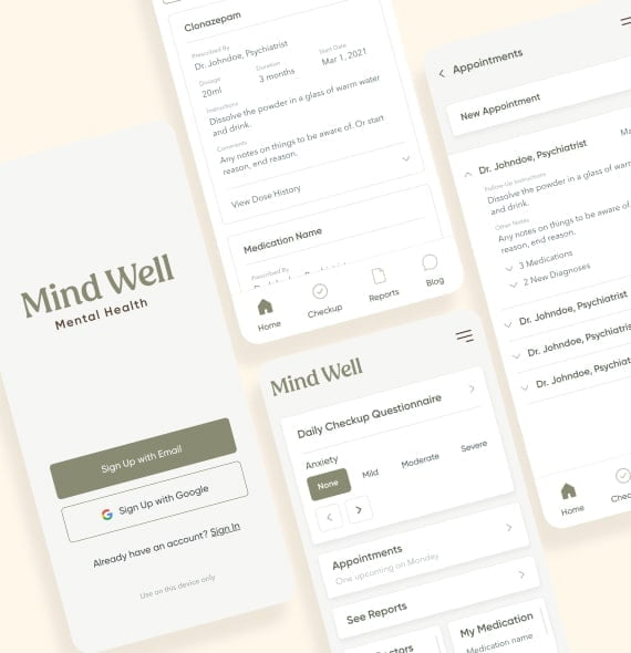 4 views of a mental health mobile app