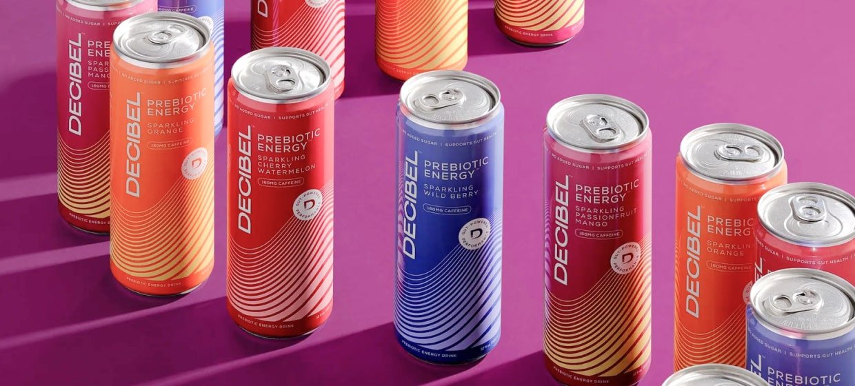 Lineup of prebiotic energy drink cans