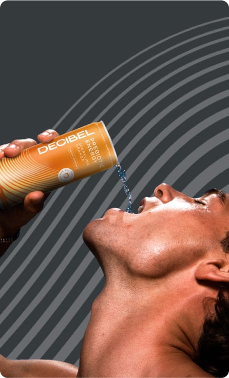 Stylized photo of a man pouring a prebiotic energy drink into his mouth