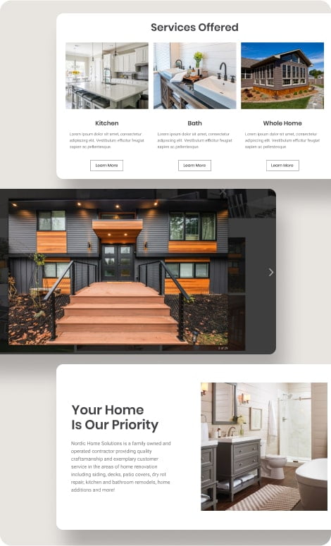 3 views of various sections on the desktop version of the Nordic Home Solutions website