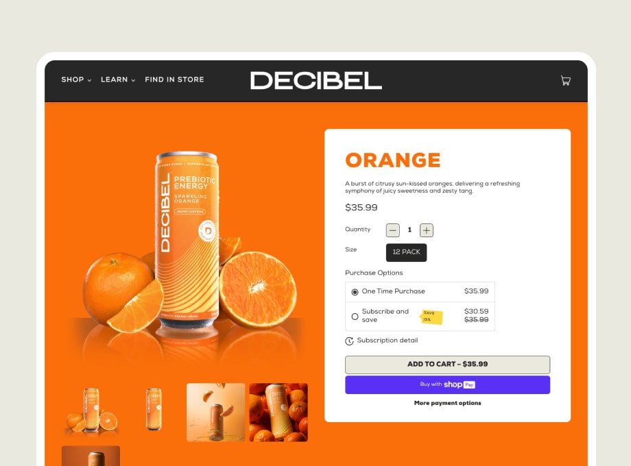 desktop version of product detail page for a prebiotic energy drink. The page has a bright orange background