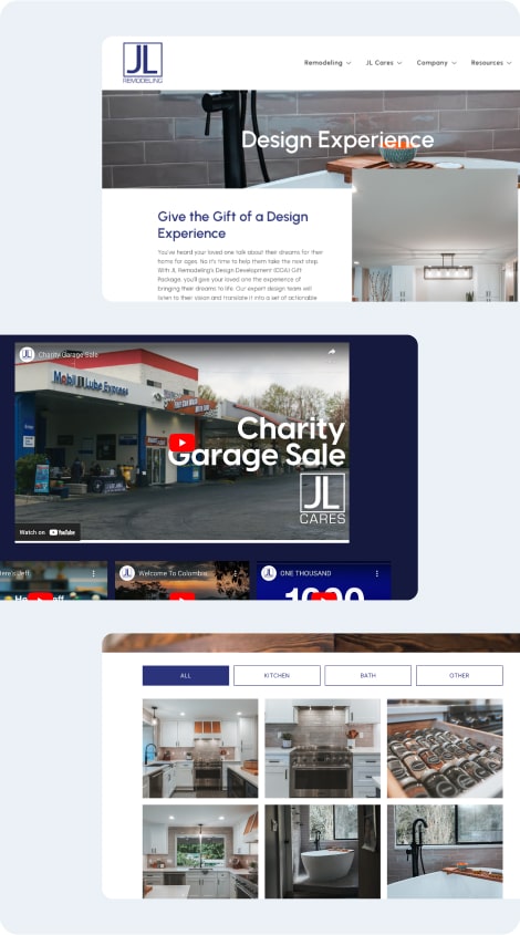 multiple screens of the JL Remodeling site redesign including videos and a gallery