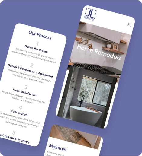 mobile views of a home remodeling website showing their process