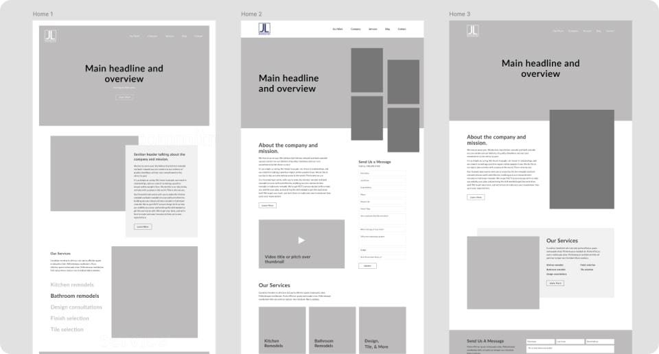 wireframes for a home remodeling website redesign