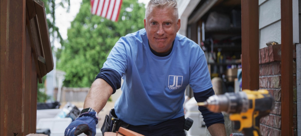 Jeff Laurence of JL Remodeling looking at the camera while working