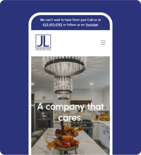 mobile version of the homepage hero section of a home, kitchen and bathroom remodeling company